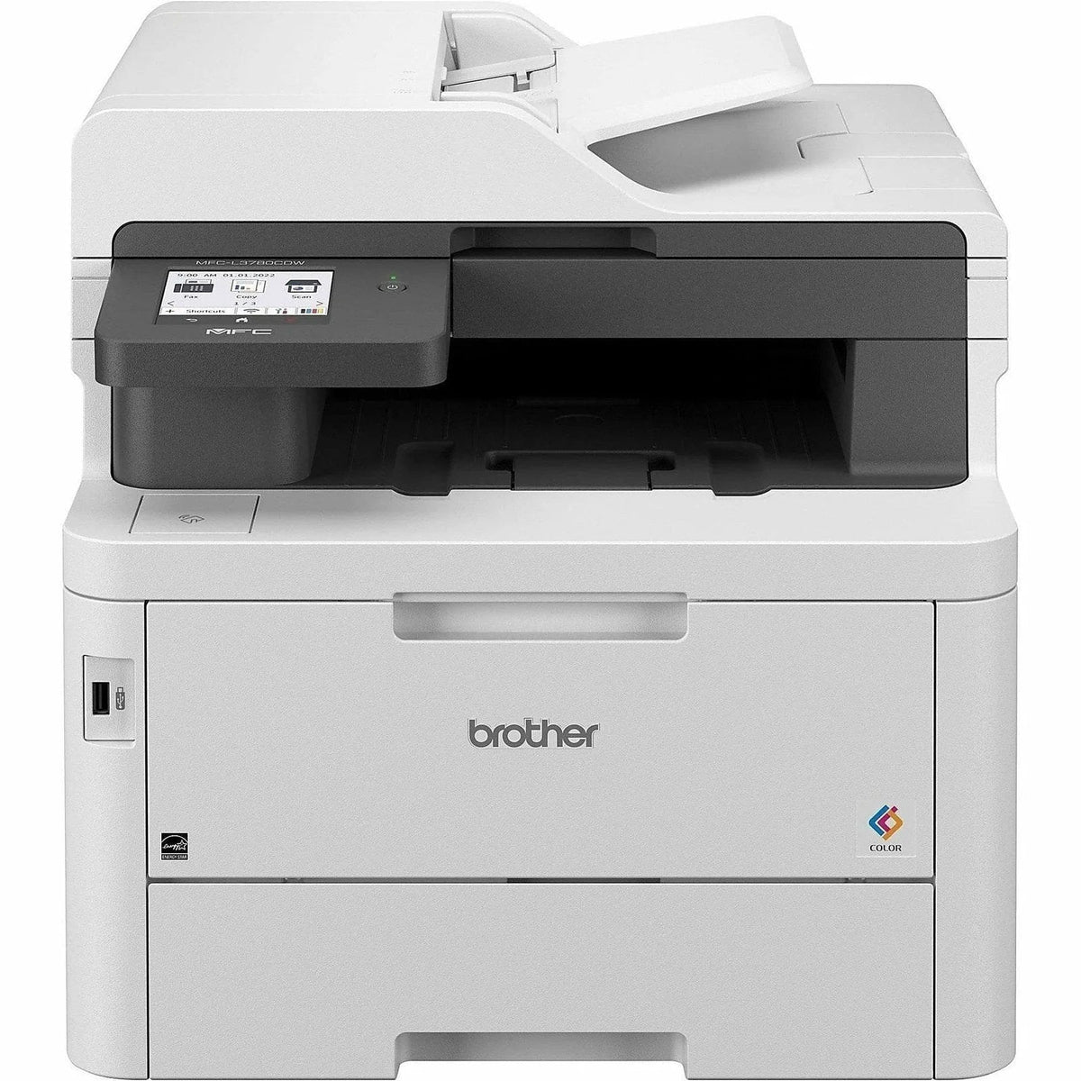 Brother MFC-L3780CDW wireless laser color printer with multiple paper trays and digital display, in a home office setting.