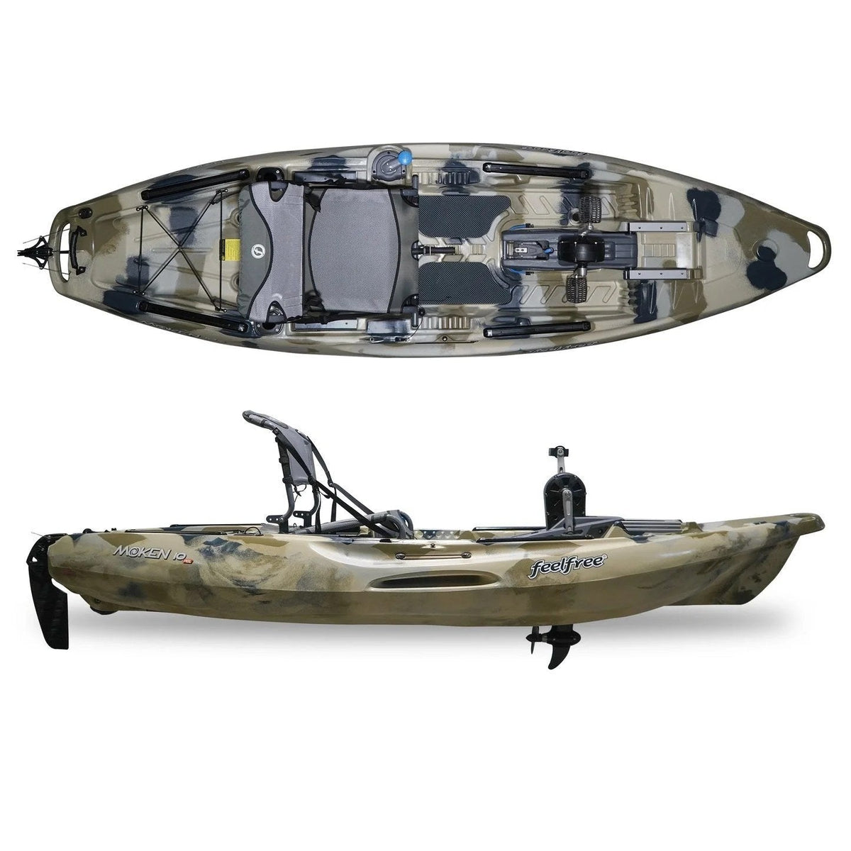 Casavibeo Feelfree Moken 10 PDL fishing kayak with paddle, seating, and storage compartments on water.