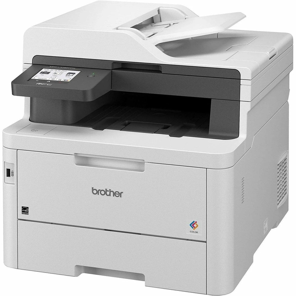 Brother MFC-L3780CDW wireless color laser printer in black, featuring multiple paper trays and control panel.