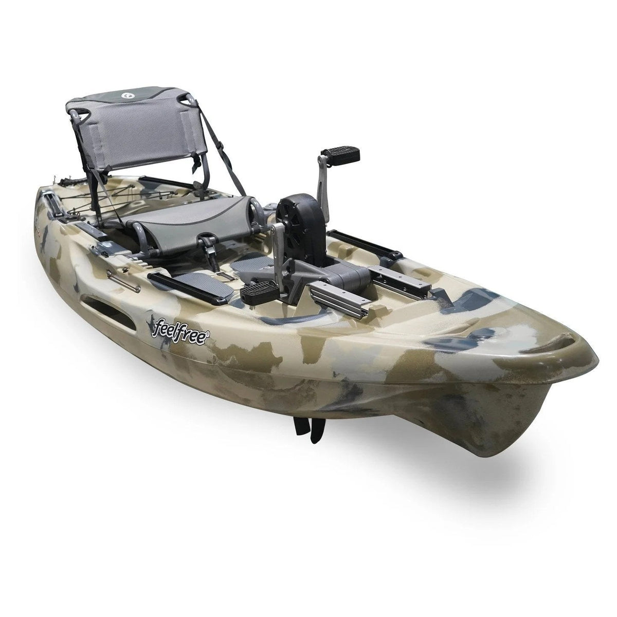 Casavibeo Feelfree Moken 10 PDL fishing kayak on water, featuring adjustable seat, paddle, and fishing accessories.