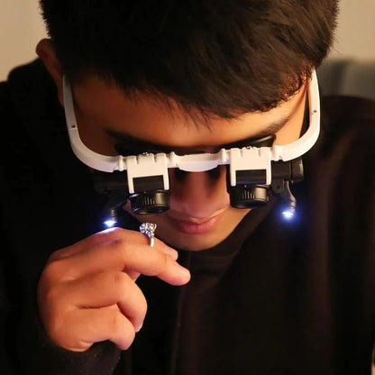 Belro LED glasses magnifier with 8x, 15x, and 23x zoom, featuring built-in LED lights for detailed viewing.