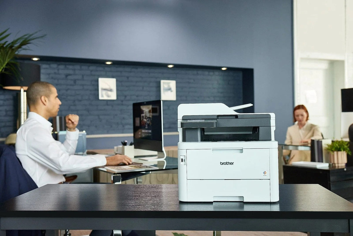 Brother MFC-L3780CDW wireless laser color printer by Casavibeo, showing front view with paper tray and control panel.