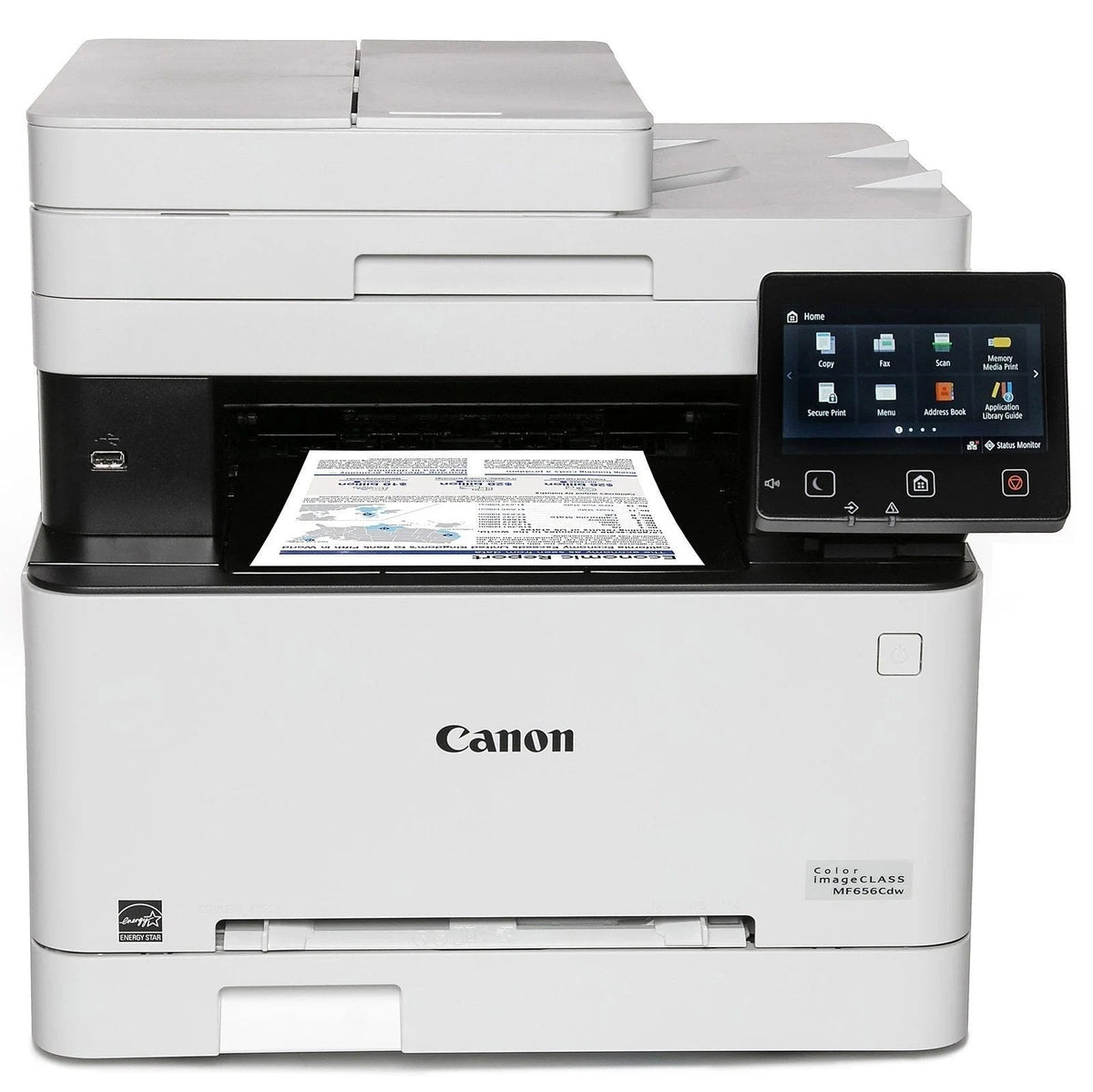 Canon Imageclass Mf656cdw color laser printer with paper tray and control panel, shown in a professional office setting
