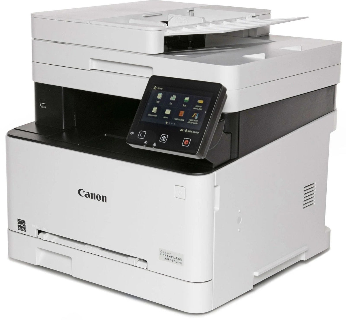 Canon Imageclass Mf656cdw color printer with paper tray and control panel, black and white design, suitable for home or office use