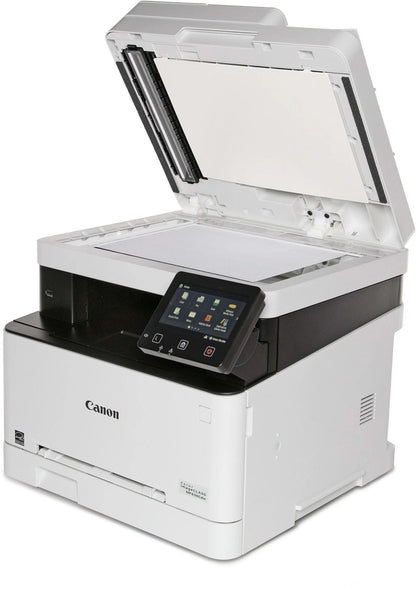 Canon Imageclass Mf656cdw color laser printer with paper tray and control panel, black and white design.