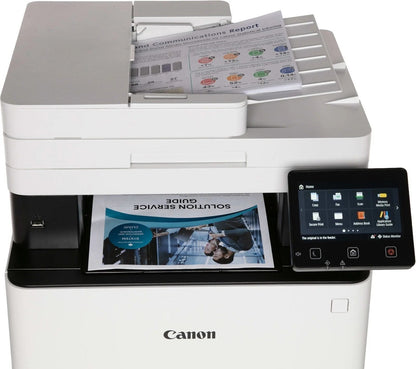 Canon Imageclass Mf656cdw color laser printer with paper tray and control panel, showcasing its compact design and vibrant color printing.