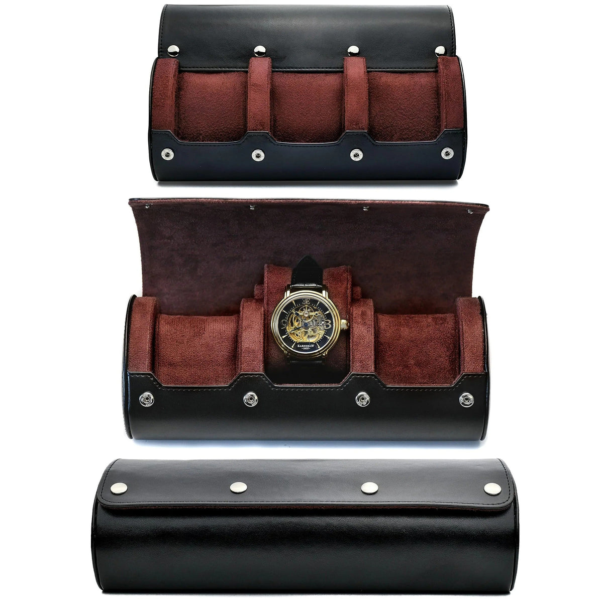 Belro watch travel case in black with cushioned interior, designed to protect and organize wristwatches during travel.
