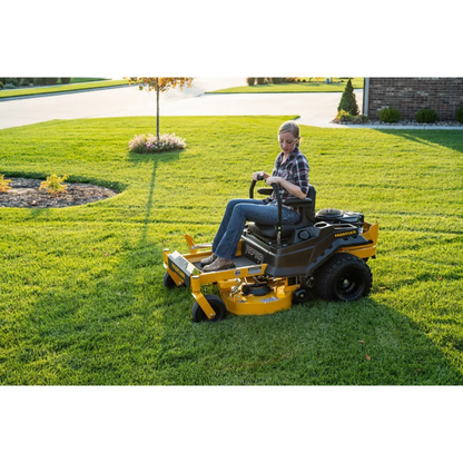 Casavibeo Hustler Raptor X zero-turn mower with a 42-inch cutting deck, Kawasaki FR600 18hp engine, shown in a yard.