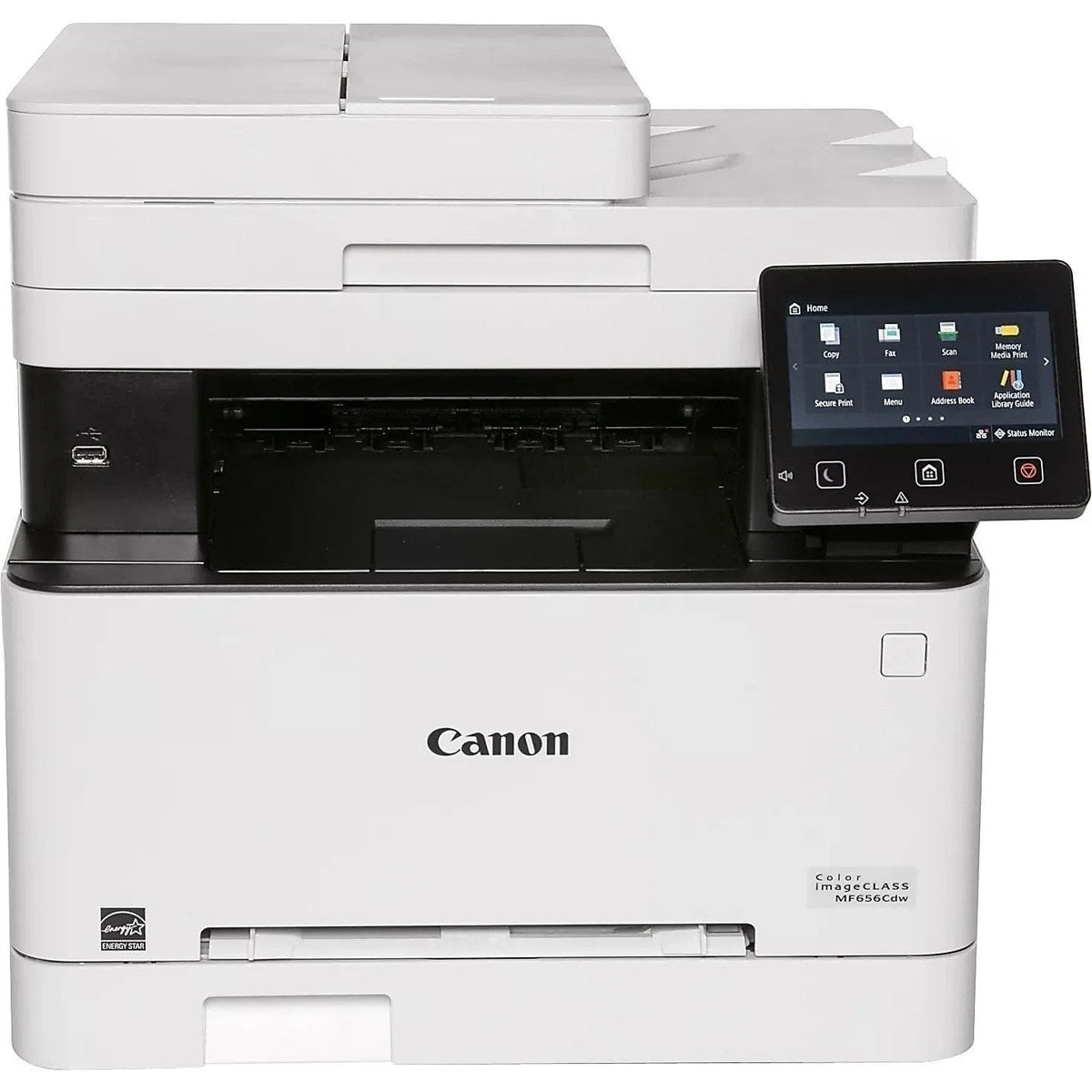 Canon Imageclass Mf656cdw color laser printer with paper tray and control panel, designed for home or office use.