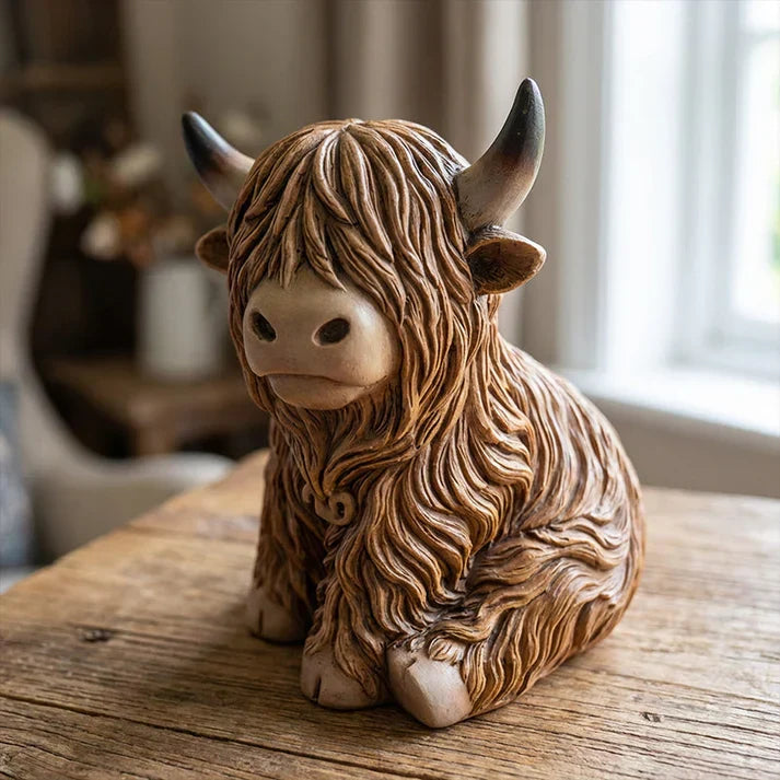 Mivoza Highland Cow resin night light emitting a warm amber glow, decorative lamp for cozy bedroom or nursery lighting.