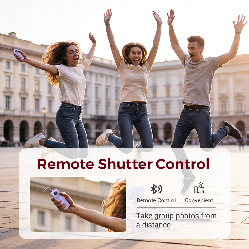 Mivoza smartphone grip with Bluetooth remote shutter and 180° mount, used for steady selfies and photography with smartphones.