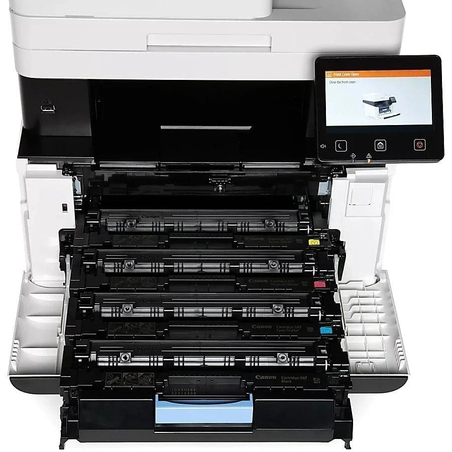 Canon Imageclass Mf656cdw color printer with paper tray and control panel, shown in a home or office setting.
