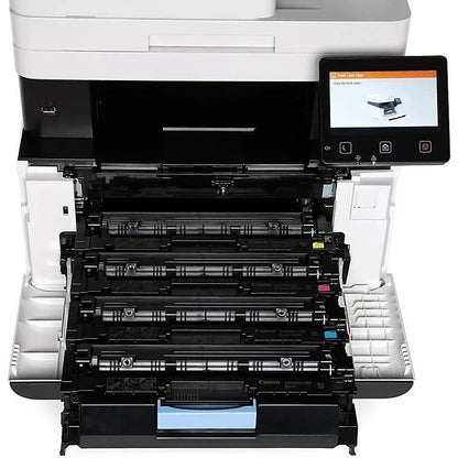 Canon Imageclass Mf656cdw color printer with paper tray and control panel, shown in a home or office setting.