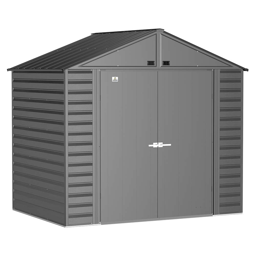 Casavibeo Arrow Select 8 ft. x 6 ft. charcoal metal storage shed with double doors and vented roof for outdoor organization