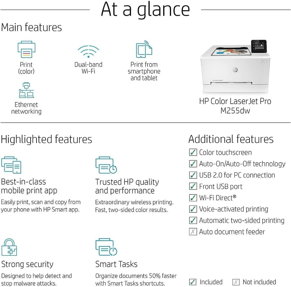 Casavibeo HP Color LaserJet Pro M255dw wireless laser printer with control panel and paper tray visible.