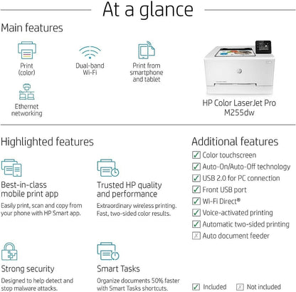 Casavibeo HP Color LaserJet Pro M255dw wireless laser printer with control panel and paper tray visible.