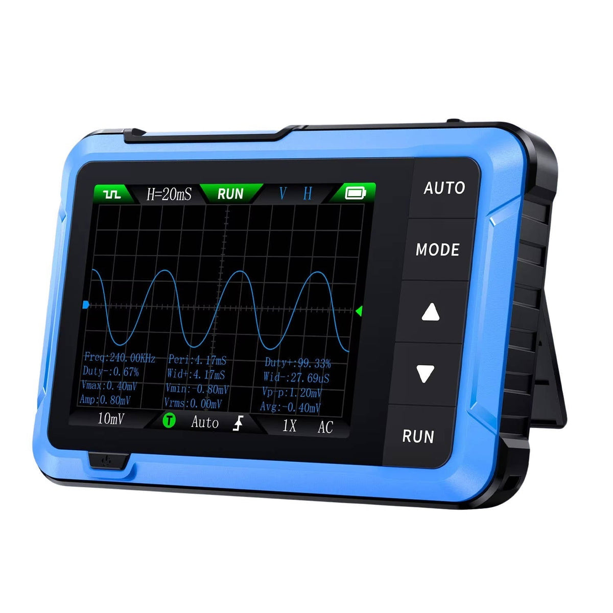 Portable digital oscilloscope from Belro displayed on a table, with its screen and control knobs visible.