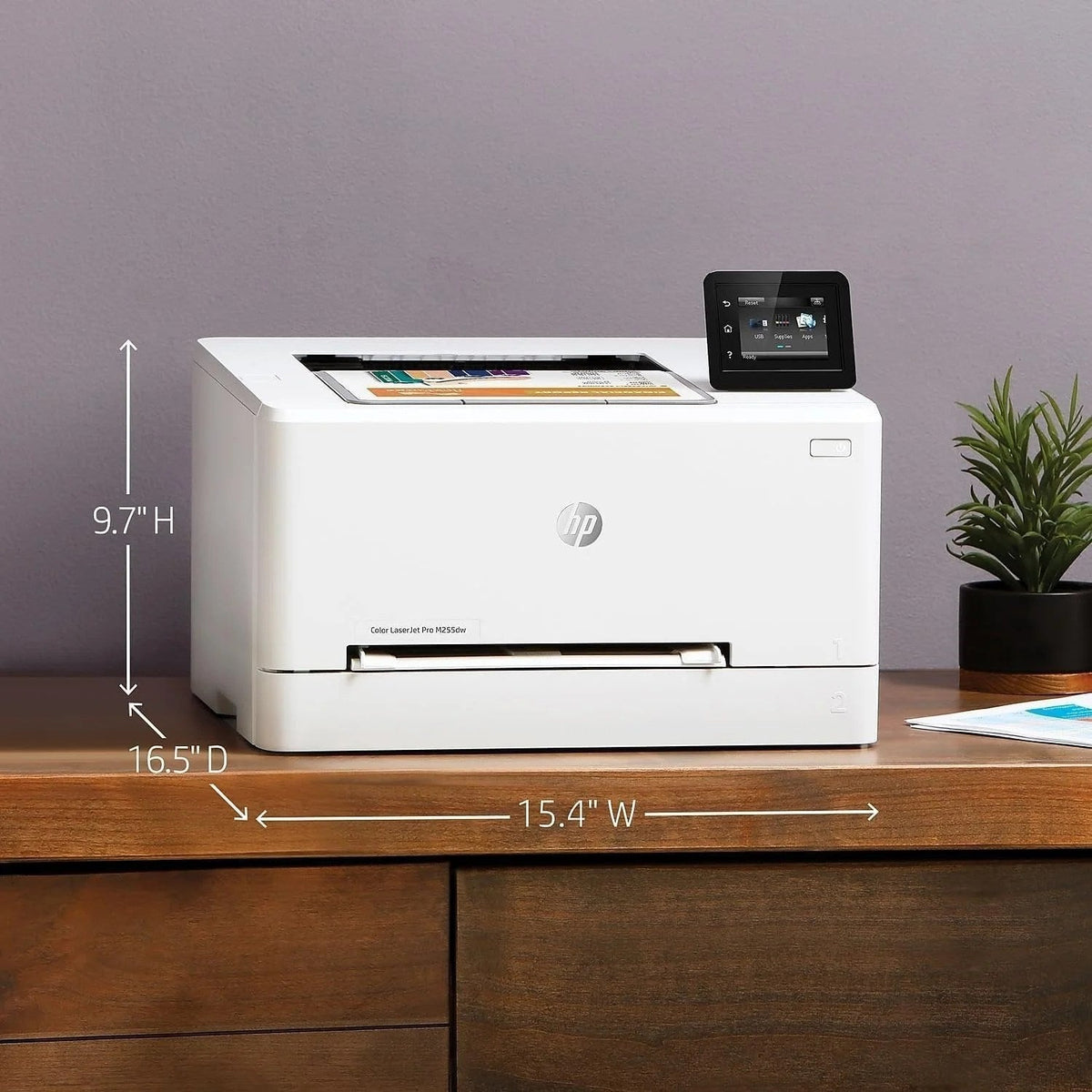 Casavibeo HP Color LaserJet Pro M255dw wireless laser printer with paper tray and control panel, ready for printing tasks.