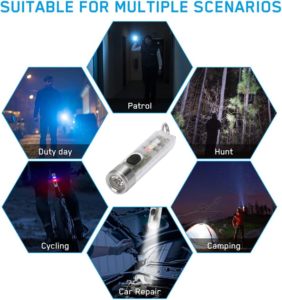 Belro rechargeable keychain flashlight attached to a keyring, compact electronic flashlight for portable illumination.
