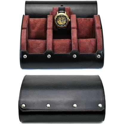 Belro watch travel case in black with padded interior and secure zipper, designed for protecting watches during travel.