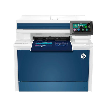 Casavibeo Bad Box HP Color LaserJet Pro MFP 4303fd 5HH67A packaging with printer components and color cartridges inside.