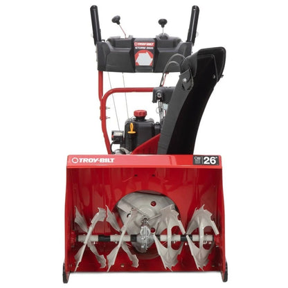 Casavibeo Troy-Bilt Storm 2600 26-inch two-stage gas snow blower with electric start, showing the snow clearing auger and controls
