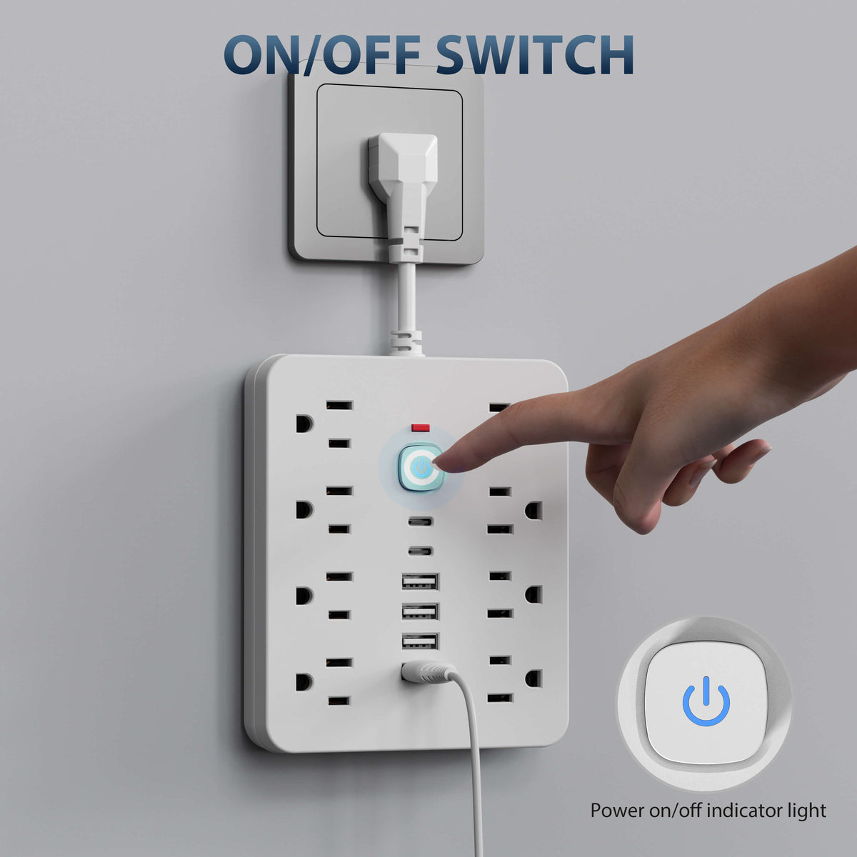 Belro 14-in-1 power strip with surge protection showing multiple outlets and USB ports for electronic devices.