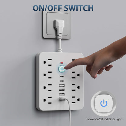 Belro 14-in-1 power strip with surge protection showing multiple outlets and USB ports for electronic devices.