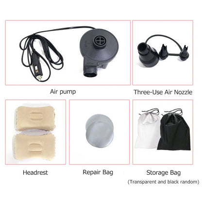 Belro car air mattress designed for vehicle comfort, shown inflated inside a car with electronic audio equipment in the background.