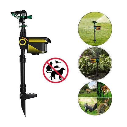 Belro solar-powered motion-activated deer sprinkler in outdoor garden, designed to deter deer with water spray.