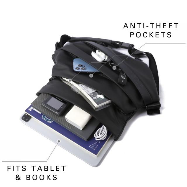 Belro men's sling bag designed for electronics and cameras, shown with adjustable strap and multiple compartments.