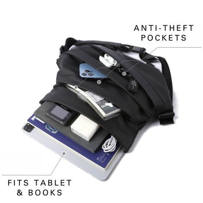 Belro men's sling bag designed for electronics and cameras, shown with adjustable strap and multiple compartments.
