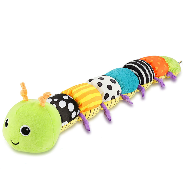 Colorful plush sensory caterpillar baby rattle with musical features, designed for infant entertainment and sensory development.