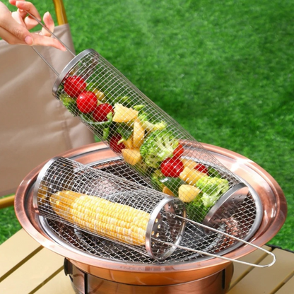 Belro stainless steel round barbecue grilling basket for BBQ grilling, perfect for outdoor cooking and grilling vegetables or meat.