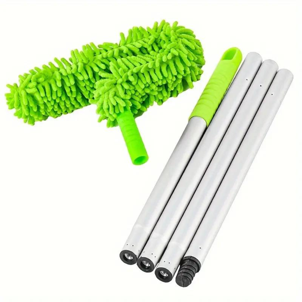 Belro flexible extendable microfiber ceiling fan duster for high reach cleaning in outdoor home and garden areas.
