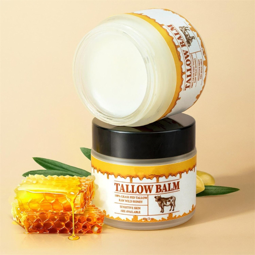 Hydrating beef tallow honey moisturizer face and body balm by Belro, with creamy texture and natural ingredients for skin hydration.