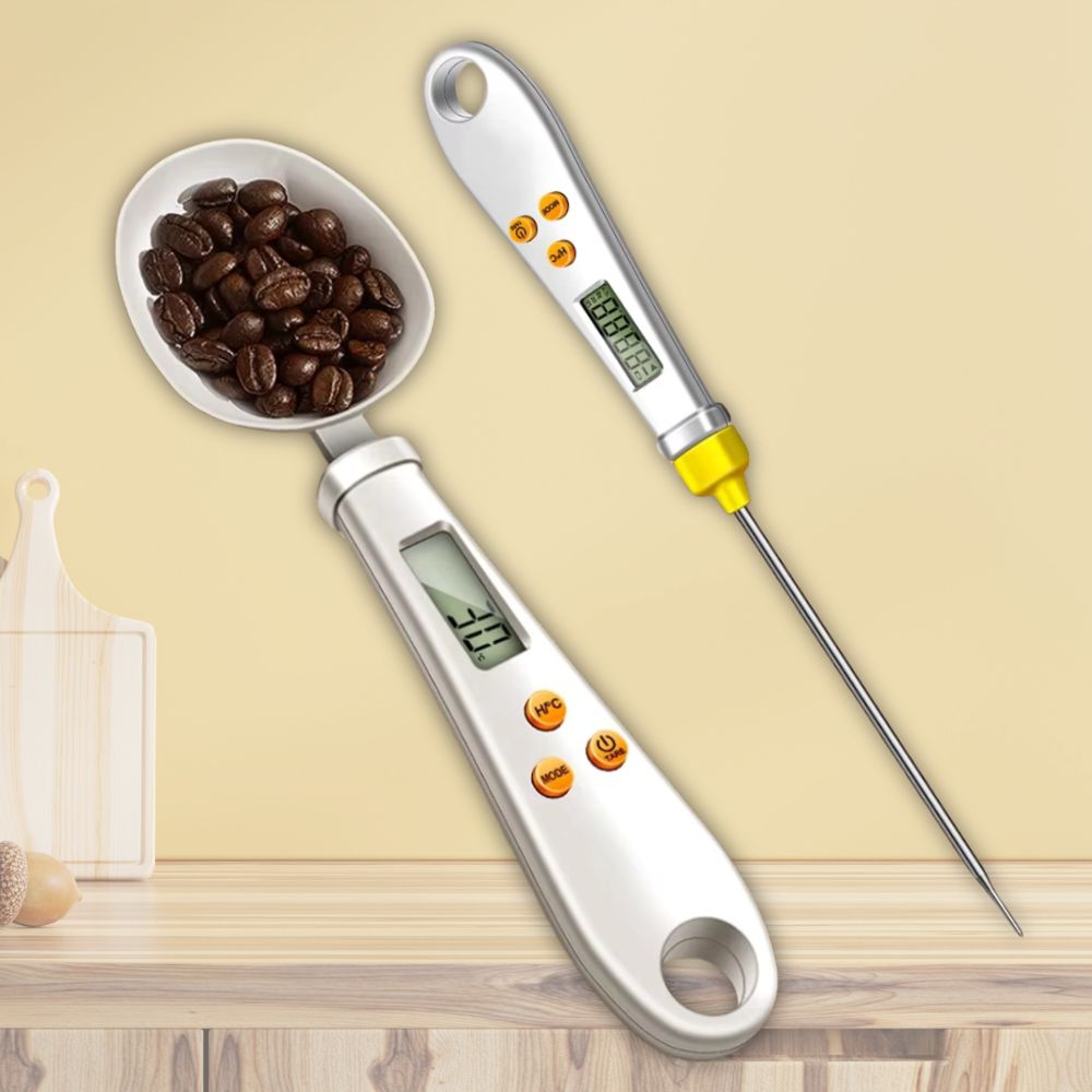 Belro 2-in-1 digital mini spoon scale and food thermometer showing a close-up of the device with a digital display and stainless steel spoon