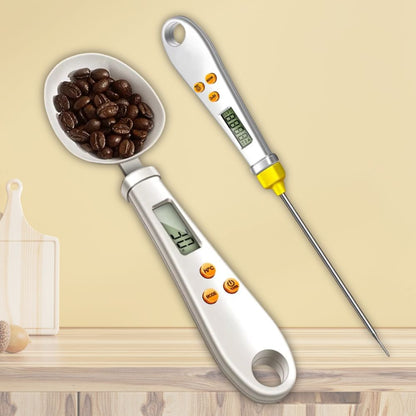 Belro 2-in-1 digital mini spoon scale and food thermometer showing a close-up of the device with a digital display and stainless steel spoon