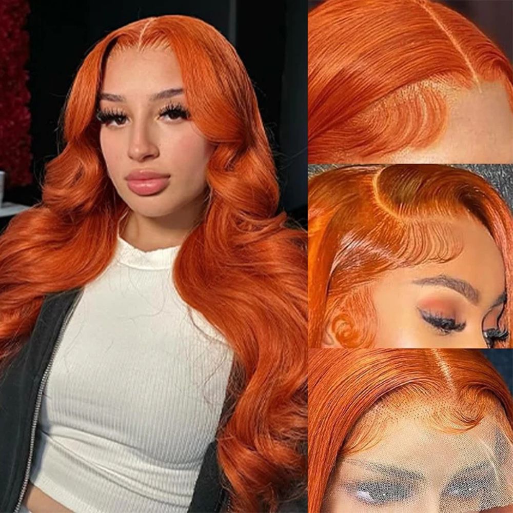 Long wavy orange ginger red lace front wig by Belro, showcasing vibrant color and intricate style on a mannequin head.