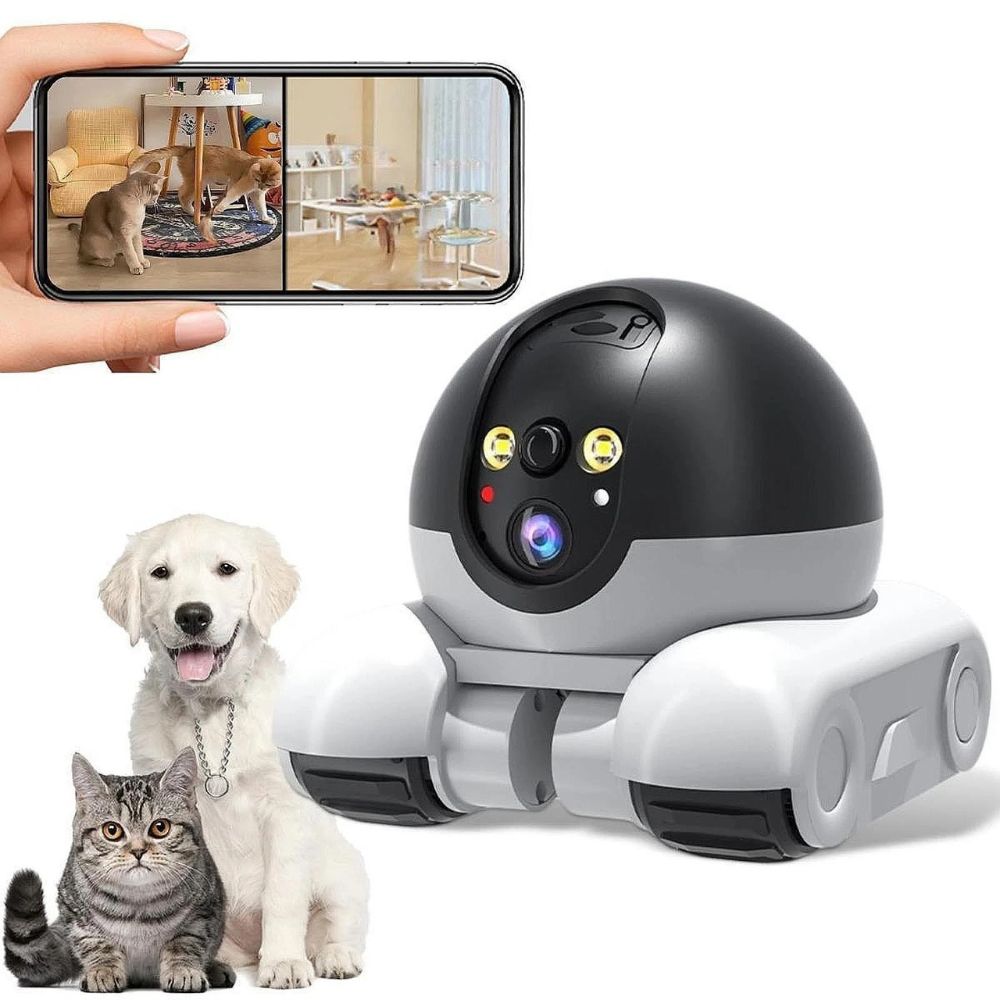 Belro indoor pet camera showing a sleek monitor with a live feed of a dog and cat at home for remote pet monitoring.