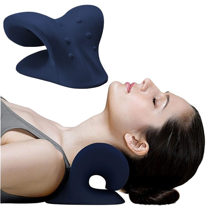Belro cervical neck stretcher and chiropractic traction device pillow for neck pain relief, shown with adjustable suspenders.