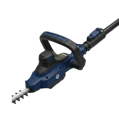 GETDECO TrimMaster 20V cordless hedge trimmer with red body, showcasing dual-action blades for efficient trimming.