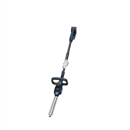 GETDECO TrimMaster 20V cordless hedge trimmer with red handle, showing side view and blade for precise shrub trimming.