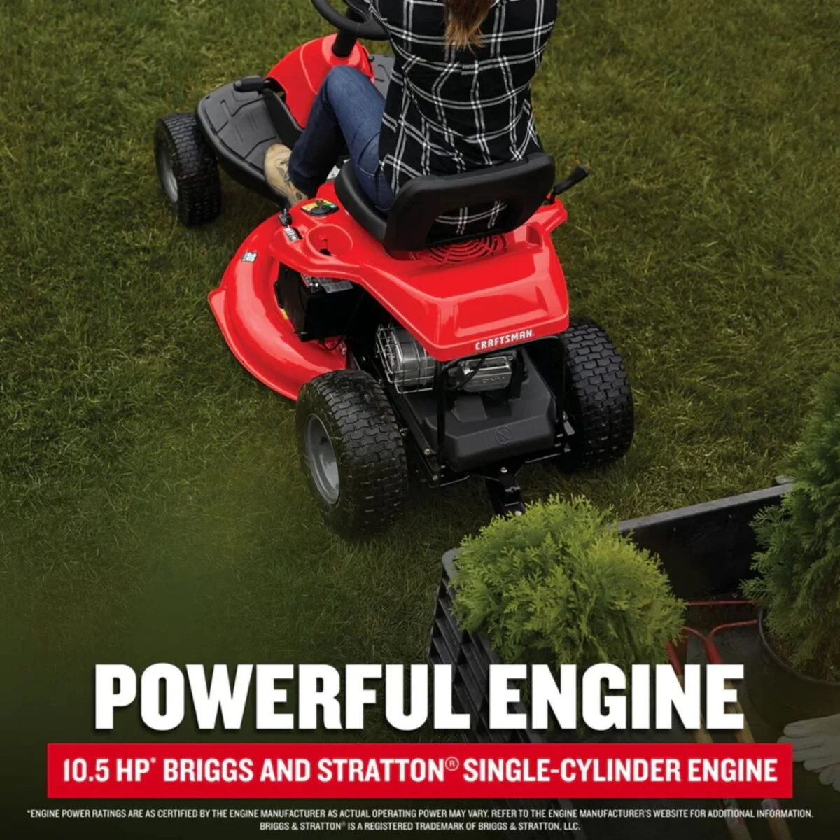 Craftsman R110 30-inch gas riding lawn mower with 10.5 HP single-cylinder engine, shown on a lush green lawn.