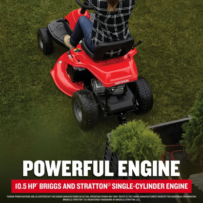 Craftsman R110 30-inch gas riding lawn mower with 10.5 HP single-cylinder engine, shown on a lush green lawn.