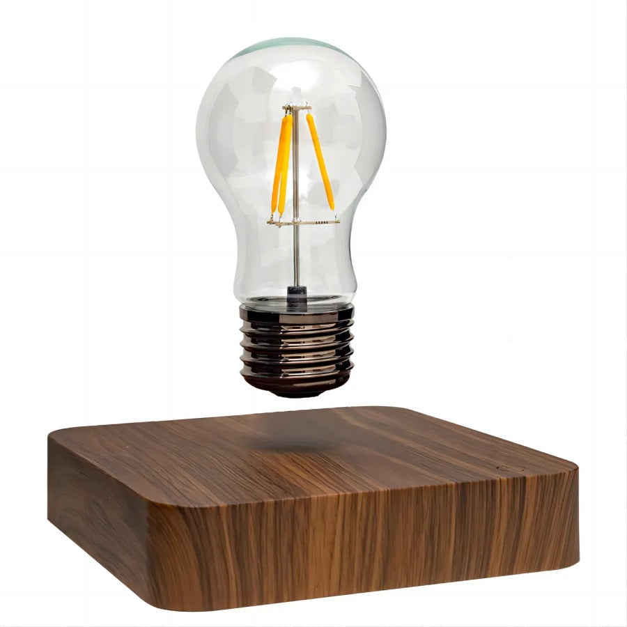 Belro magnetic levitating LED light bulb floating above a base, modern outdoor home and garden decor.