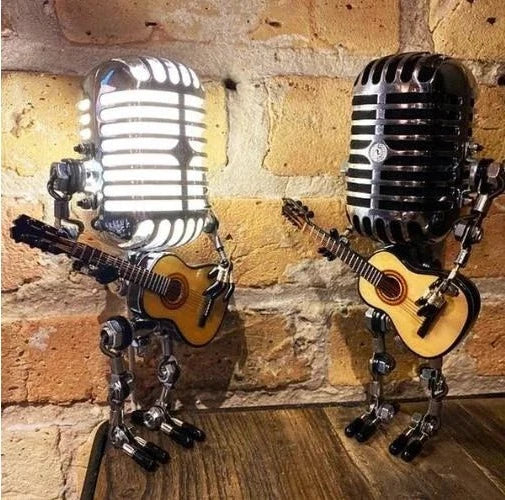 Vintage Belro metal microphone robot with built-in guitar lamp, decorative electronic collectible for audio and retro decor enthusiasts.