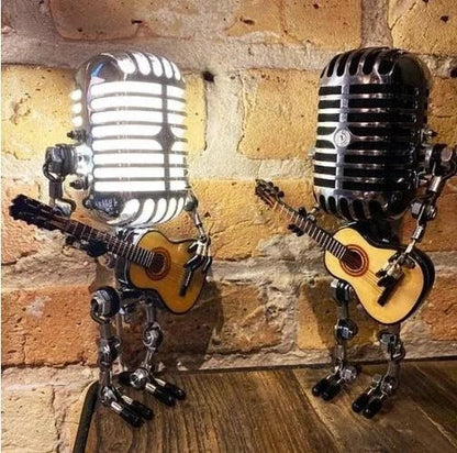 Vintage Belro metal microphone robot with built-in guitar lamp, decorative electronic collectible for audio and retro decor enthusiasts.