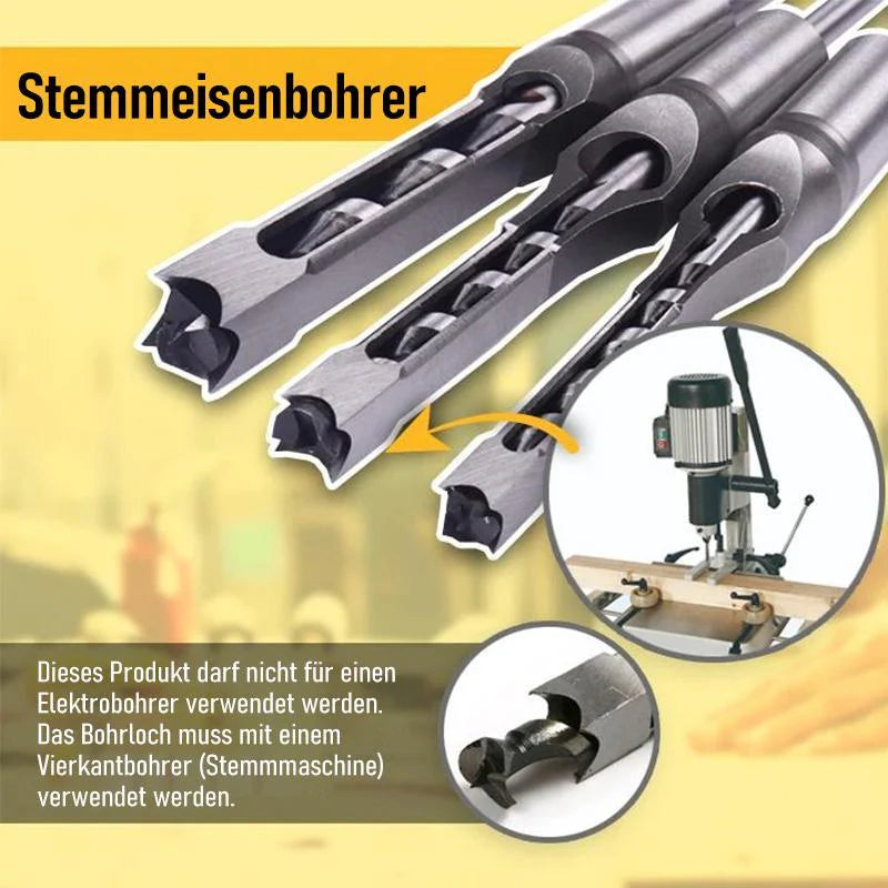 Mivoza Deutschland square hole drill bit set in stainless steel for woodworking, with nine precision drill bits displayed on a work surface.