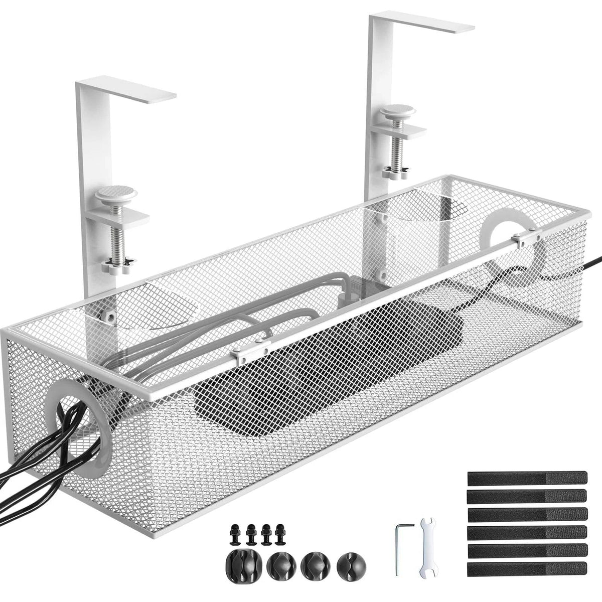Belro cable management for desk with organized cables and clips, designed to keep electronics tidy and prevent clutter.